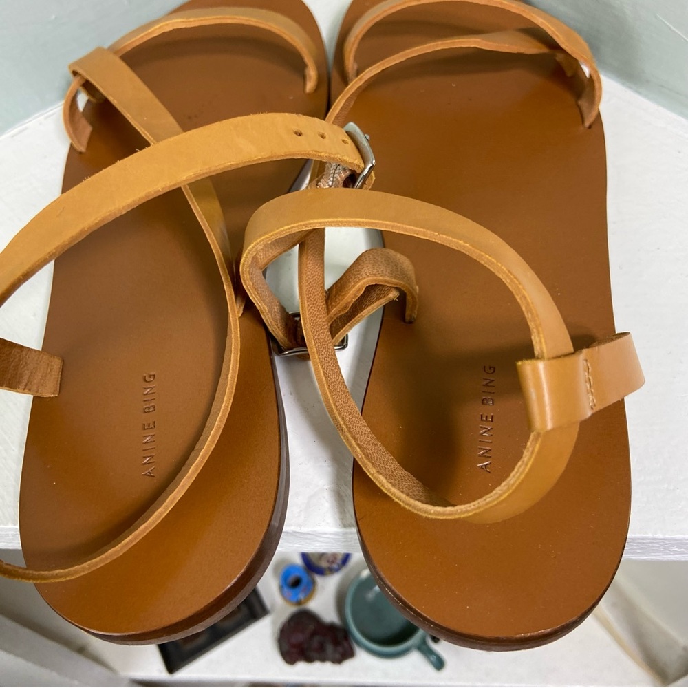 Anine Bing Rococo Flats Yellow Tan Leather Sandals Strappy Size 37 or 7 US - Picture 9 of 13